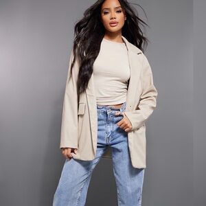 BEIGE OVERSIZED FAUX LEATHER BLAZER